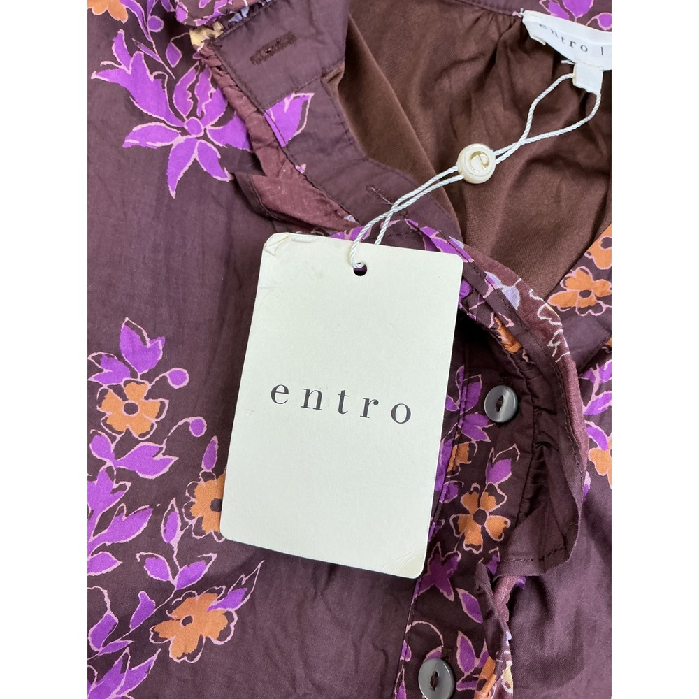 Entro Glinda Dress Brown Purple Floral Block Print Midi Ruffle Henley Large NEW - Picture 7 of 15